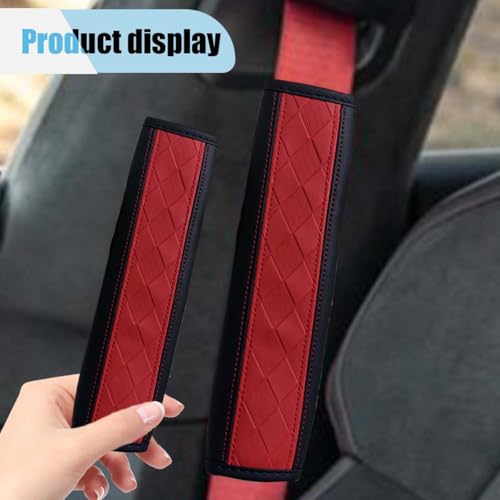 2PCS Car Seat Belt Covers, Embossed Leather Seat Belt Protector Cushion, Driving Comfortable Seatbelt Shoulder Strap, Universal Car Seatbelt Pad Accessories for Protect Shoulder and Neck (Black/Red)