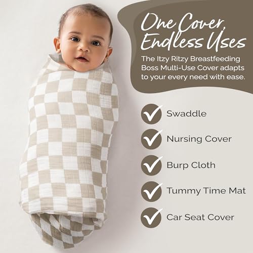 Itzy Ritzy Breastfeeding Boss Multi-Use Cover – A Nursing Cover, Swaddle, Car Seat Wrap, Tummy Time Mat & Burp Cloth All in One – Made of Soft Muslin Fabric & Measures 47” x 47” (Checkerboard) - color: Checkerboard