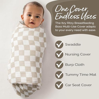 Itzy Ritzy Breastfeeding Boss Multi-Use Cover – A Nursing Cover, Swaddle, Car Seat Wrap, Tummy Time Mat & Burp Cloth All in One – Made of Soft Muslin Fabric & Measures 47” x 47” (Checkerboard) - color: Checkerboard