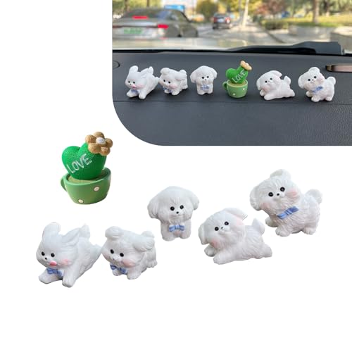 6 PCS Cute Dog Dashboard Decorations, Mini Resin Dog Interior Rearview Mirror Ornament, Cute Car Interior Accessories for Men Women (Dogs & Green Plants)