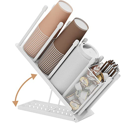 OVICAR Cup and Lid Holder - Adjustable Coffee Cup Holder Organizer 4 Compartment Disposable Paper Plastic Cup Dispenser with Straw Storage Basket for Coffee Bar Station Breakroom Countertop White - color: White