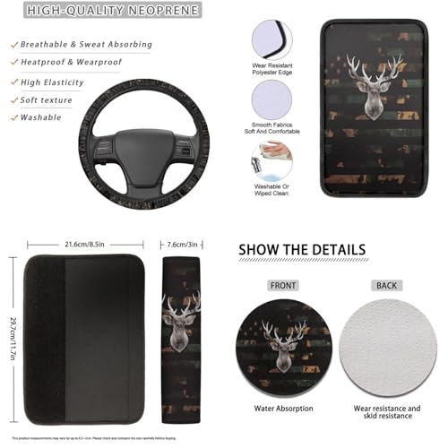 American Flag Printed Car Accessories Sets, 16 Pack Camo Deer Printed Car Front and Back Seat Cover Steering Wheel Cover Safety Belt Cover Armrest Cover Car Head Rest Cover Car Coaster - color: Black and Brown - American Flag Camo Deer