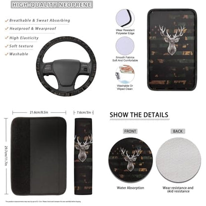 American Flag Printed Car Accessories Sets, 16 Pack Camo Deer Printed Car Front and Back Seat Cover Steering Wheel Cover Safety Belt Cover Armrest Cover Car Head Rest Cover Car Coaster - color: Black and Brown - American Flag Camo Deer