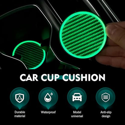 2 PCS Car Cup Coasters, Non-Slip Heat Insulation Cup Holder Liner with Luminous Edge, Anti-Scratch Reusable Insert Coaster, Universal 2.83" Round Protective Mat for Cars (Carbon Fiber Black)