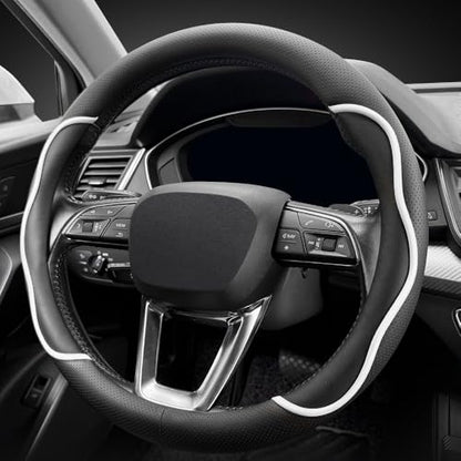 Nappa Leather Steering Wheel Cover. Stylish Striped Design, Universal fit for 14.5–15-inch Steering Wheels, Slip-Resistant and Breathable, Protects the Steering Wheel.Black and White - color: Black and White
