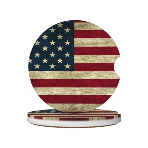 American Flag Car Coasters for Cup Holders,2 Pack Car Cup Holder Coasters for Car,Ceramic Absorbent Car Coaster with A Finger Notch and Cork Base,Car Interior Accessories for Women Men - color: American Flag