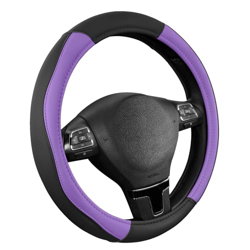 Road Comforts Leather Steering Wheel Cover with Decorative Trim and Piping, Anti-Slip Breathable Design, Fits 14.5–15 Inch Round Steering Wheels, Snug Fit, Stylish Interior Upgrade - Purple - color: Purple