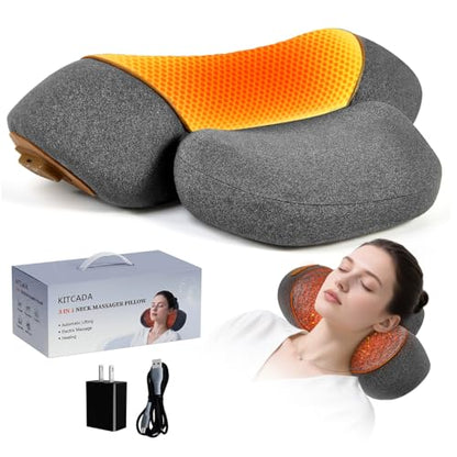 Electric Neck Massager Pillow for Pain Relief Deep Tissue, 3-in-1 Rechargeable Neck Cervical Traction Device with Heat, Massage, Electric Stretch, Ergonomic Neck Shoulder Relaxer