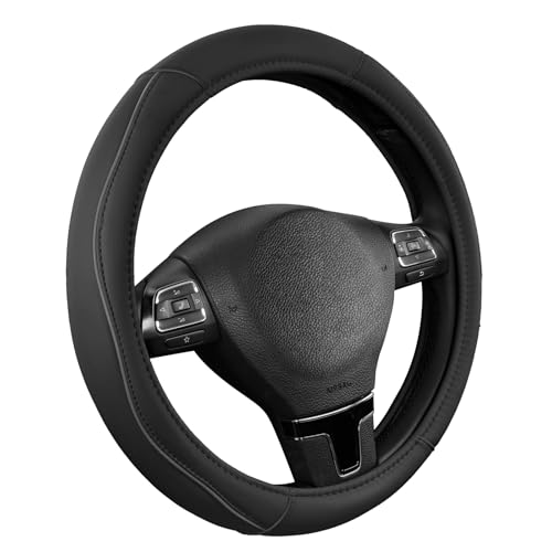 Road Comforts Leather Steering Wheel Cover with Decorative Trim and Piping, Anti-Slip Breathable Design, Fits 14.5–15 Inch Round Steering Wheels, Snug Fit, Stylish Interior Upgrade - Gray - color: Gray