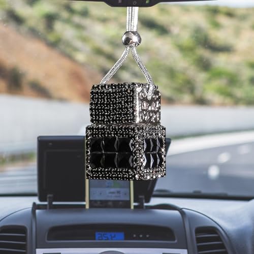 Hanging Car Accessories Charm, Bling Auto Rear View Mirror Pendant, Cars Aromatherapy Fragrance Perfume Pendant Bottle, Car Decorations for Women Men Presents (Black) - color: Black