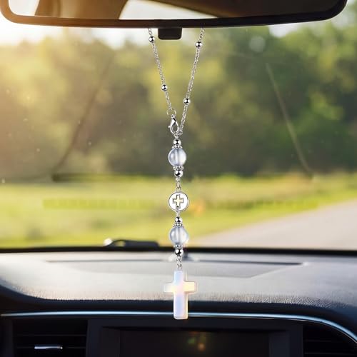 2 Pcs Cross Car Hanging Charms Cute Healing Stone Rear View Mirror Accessories Boho Handmade Sun Catcher Ornament Decor Crystal Protection Gift for Women