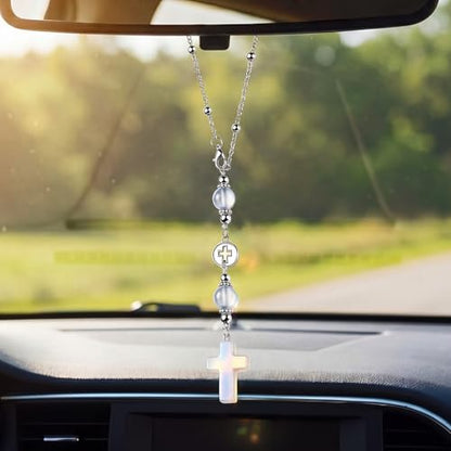 2 Pcs Cross Car Hanging Charms Cute Healing Stone Rear View Mirror Accessories Boho Handmade Sun Catcher Ornament Decor Crystal Protection Gift for Women