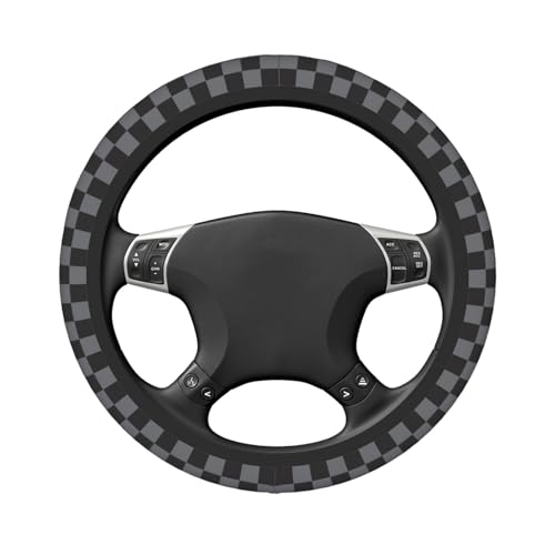 Dark Gray Checkered Steering Wheel Cover for Women, Universal Auto Steering Wheel 14-15 Inch Car Interior Accessories with 2PCS Car Coasters, Suitable for Men and Women