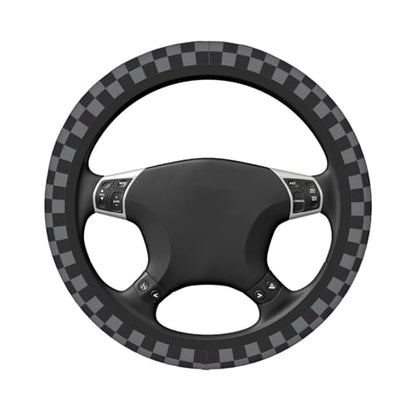 Dark Gray Checkered Steering Wheel Cover for Women, Universal Auto Steering Wheel 14-15 Inch Car Interior Accessories with 2PCS Car Coasters, Suitable for Men and Women