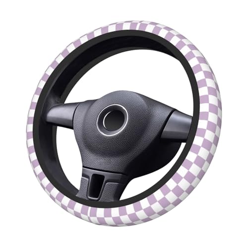 Light Purple Checkered Steering Wheel Cover for Women, Universal Auto Steering Wheel 14-15 Inch Car Interior Accessories with 2PCS Car Coasters, Suitable for Men and Women - color: Light purple