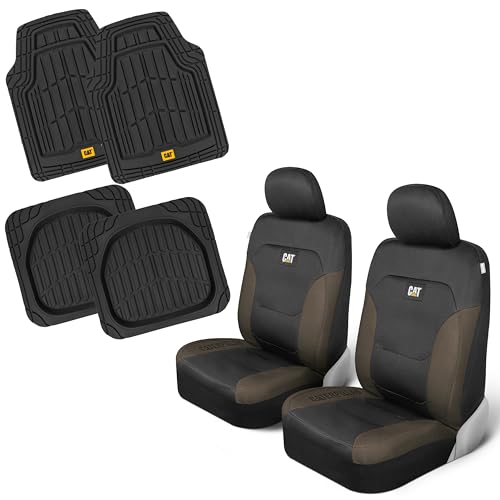 CAT Front Seat Covers for Cars (2-Pack) & 4-Piece Trim to Fit, Heavy Duty Protection, All Weather Floor Mats – Universal Fit, Waterproof Mats, Easy Install, for Trucks, SUVs, Vans, & Car Accessories - color: z-Front Seats & Mats Dark Beige