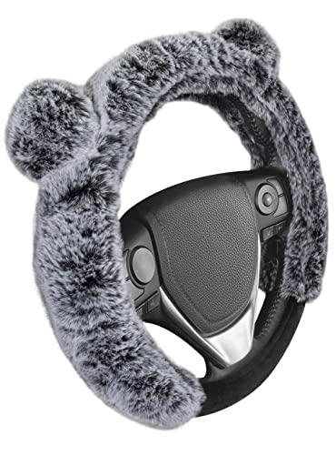 BDK Bear Fur Plush Steering Wheel Cover - Cute Faux Wool Protector for Women Girls Fits Wheels 14.5-15 inch Gray - with Ears - color: #3 Gray with Ears, size: Fits 14.5 - 15" SW