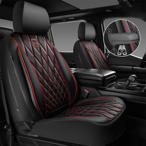 CAR PASS Piping Luxury PU Leather Two Front Car Seat Covers, Waterproof Anti Slip Seat Covers Compatible with Front Seat Armrests,Universal Fit for Suvs,Vans,Trucks,Airbag Compatible(Black and Red) - color: Black and Red, size: Two Front