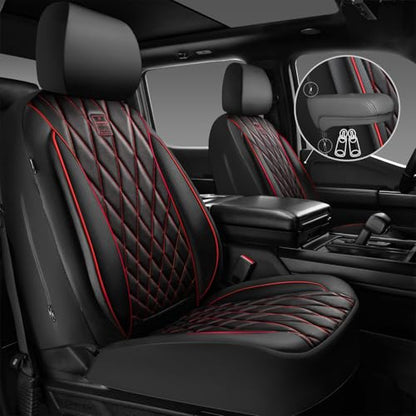 CAR PASS Piping Luxury PU Leather Two Front Car Seat Covers, Waterproof Anti Slip Seat Covers Compatible with Front Seat Armrests,Universal Fit for Suvs,Vans,Trucks,Airbag Compatible(Black and Red) - color: Black and Red, size: Two Front