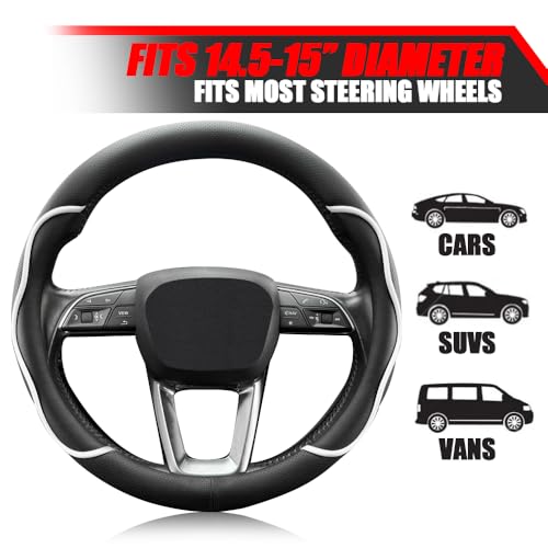 Nappa Leather Steering Wheel Cover. Stylish Striped Design, Universal fit for 14.5–15-inch Steering Wheels, Slip-Resistant and Breathable, Protects the Steering Wheel.Black and White - color: Black and White