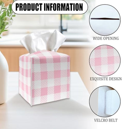 Tissue Box Cover Holder - Pink and White Plaid PU Leather Tissue Box Cover with Bottom Belt, Square Facial Paper Organizer Dispenser for Tabletop, Bathroom, Kitchen, Car & Office -027 - color: Pink and White Plaid
