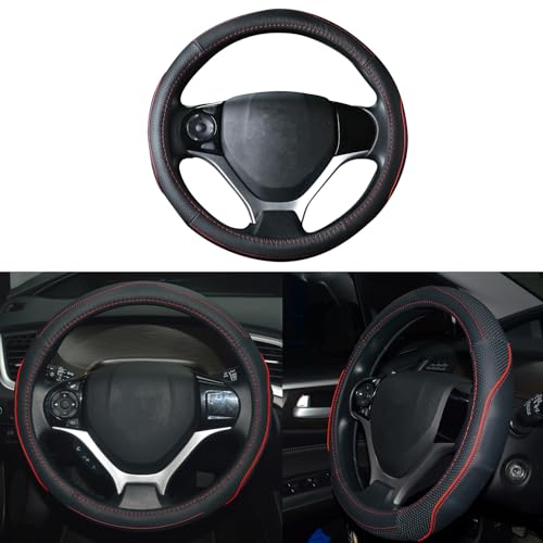 QianBao Genuine Soft Black Leather Car Steering Wheel Cover,Universal Fits 14 Inch Size, Odorless,Anti-Slip, Elegant, Excellent Grip, and Easy Install Wheel Wrap(Small（13.5-14.2）, Red/Black) - color: Red Line