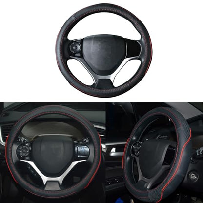QianBao Genuine Soft Black Leather Car Steering Wheel Cover,Universal Fits 14 Inch Size, Odorless,Anti-Slip, Elegant, Excellent Grip, and Easy Install Wheel Wrap(Small（13.5-14.2）, Red/Black) - color: Red Line
