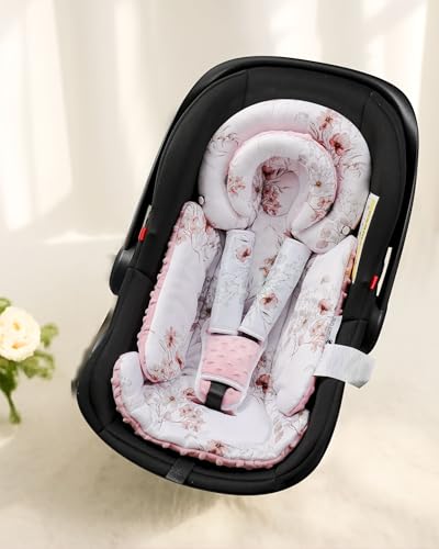 BOMOLOUR Infant Car Seat Insert with Removable Cushion for Baby Preemie Newborn Infant, Reversible carseat Insert Head Body Support Fits for Stroller, Baby Swing, Rocker, Bouncer, Bassinet - Pink