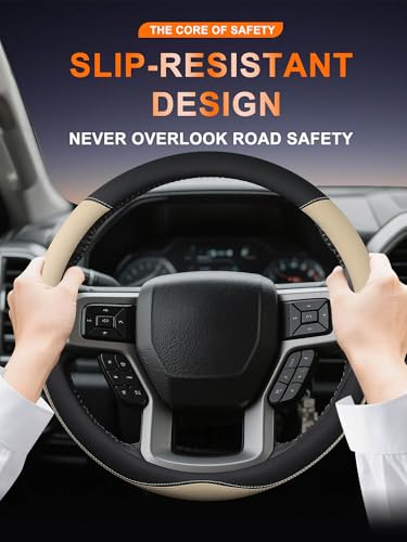 Leather Steering Wheel Cover for Ford F150/F250/F350, 15.5-16 Inch Truck Steering Wheel Grip, Breathable & Anti-Slip, Premium Semi Car Accessories (Beige) - color: Beige
