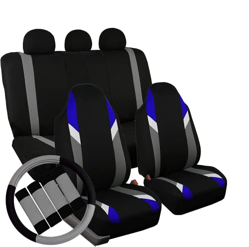 FH Group Supreme Modernistic Full Set Car Seat Covers (Blue) Gift - Universal Fir for Cars, Trucks & SUVs - color: Blue, style: Full Set+Steering Wheel Cover