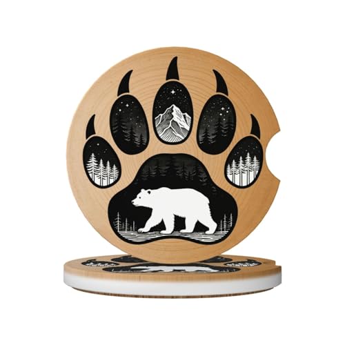 Bear Paw Mountain Star Tree Wood Grain 2 Pack Car Cup Holder Coasters Absorbent Ceramic Drink Coasters 2.56" Universal Anti Slip Cup Mat with Cork Base Finger Notch Auto Accessories Interior - color: White