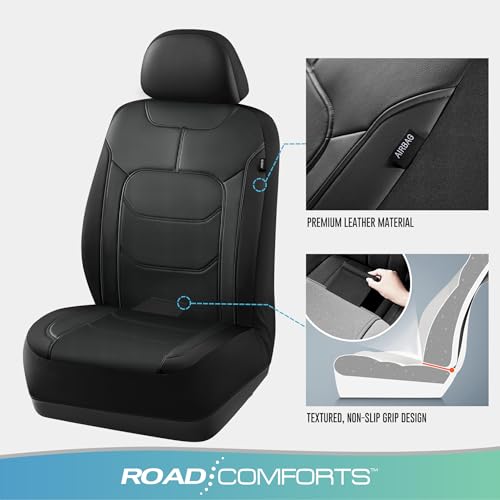 Road Comforts Seat Covers, Premium Leather Car Seat Covers Front Seats,Airbag Compatible, Automotive Seat Covers Universal Fit Most Cars,Vans,Truck,SUV Black