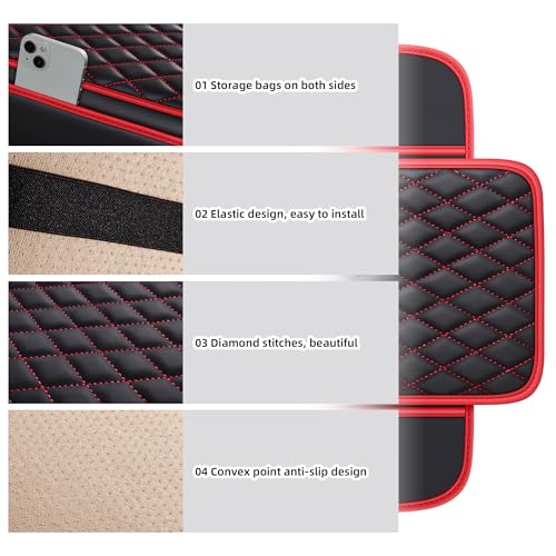 Waterproof Leather Car Center Console Pad with 2 Storage Bags, Auto Armrest Box Cover Protector, Comfortable Interior Accessories for Most Household Cars, Sedans & SUV (Black Red Stitch)