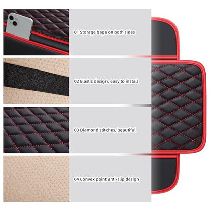 Waterproof Leather Car Center Console Pad with 2 Storage Bags, Auto Armrest Box Cover Protector, Comfortable Interior Accessories for Most Household Cars, Sedans & SUV (Black Red Stitch)