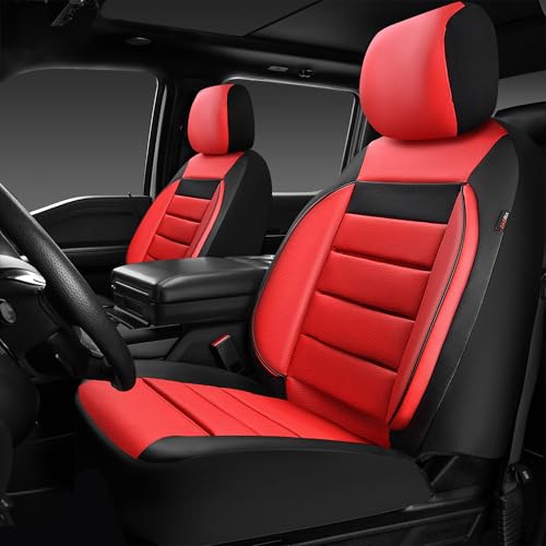 CAR PASS Leather Car Seat Covers Front Seats Only, Universal Fit Automotive Interior Waterproof 3D Foam Back Support Car Seat Covers for Trucks Vans and SUVs Airbag Compatible 2 Pieces （Black Red - color: Red Front
