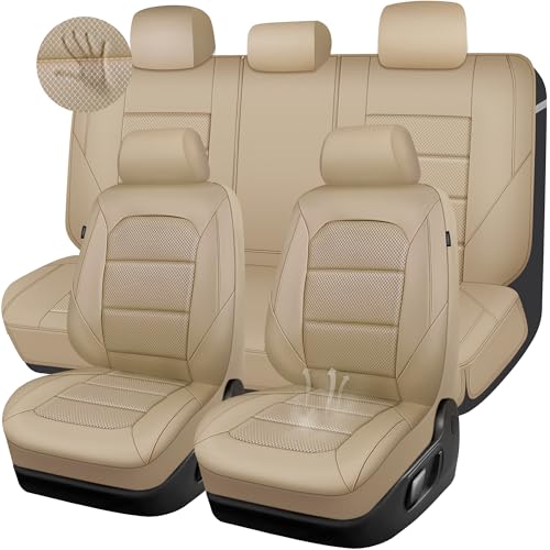 CAR PASS Memory 3D Foam Car Seat Covers Full Set, Breathable Mesh Thick Seat Covers for Cars,Beige Leather Seat Covers,Airbag Compatible Universal Automotive Comfort for SUVs Trucks SUV, All Beige - color: solid beige, size: Full Set