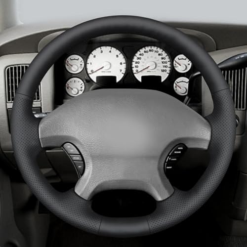 MEWANT Hand Stitch Steering Wheel Cover for Dodge Ram 1500 2002-2003 Dodge Ram 1500 Steering Wheel Wrap Truck Accessory - color: Black Faux Leather&Black Thread