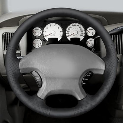 MEWANT Hand Stitch Steering Wheel Cover for Dodge Ram 1500 2002-2003 Dodge Ram 1500 Steering Wheel Wrap Truck Accessory - color: Black Real Leather&Black Thread