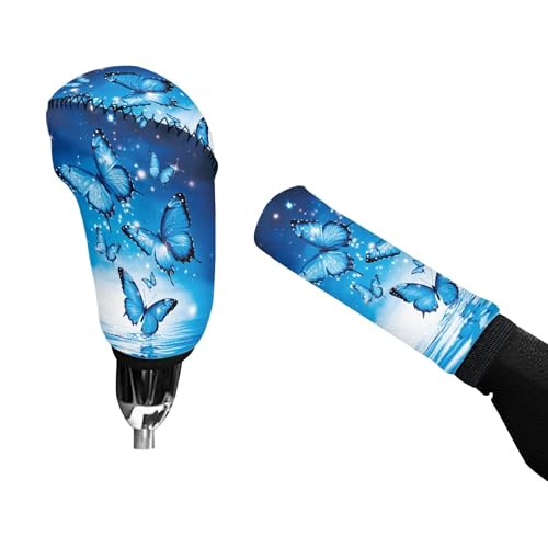 Blue Butterfly Car Interior Accessiores for Women Men Gear Shift Cover and Hand Brake Cover 2 Pieces Set Non-Slip Auto Accessory Interior Decor - color: Butterfly Blue