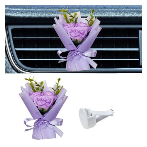 Mini Bouquet Car Air Vent Clip, Cute Rose Air Conditioner Decoration Clip, Dried Flower Air Outlet Clip, Car Interior Aesthetic Accessories (Purple) - color: Purple