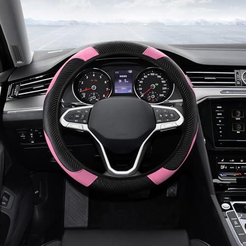 Car Steering Wheel Cover, Steering Wheel Protector, Universal 14.5-15 Inch Microfiber Leather Breathable Auto Steering Wheel Covers, Carbon Fiber Steering Wheel Cover for Women Men (Pink) - color: Pink