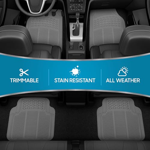 BDK 3-Piece Gray Rubber Floor Mats (Front + Rear), Heavy Duty Universal Fit Liners for Cars SUVs Trucks Vans, All Weather Protection Anti-Slip Nibs, Flexible Contours Fits Most Vehicles