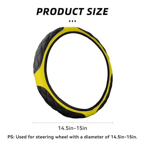 15 Inch Car Leather Steering Wheel Cover, Automotive Accessories Elastic Breathable Anti-Slip Soft Wheel Protector Fits Men and Women, Suitable for SUVs, Trucks, Vehicles and RVs (Yellow) - color: Yellow