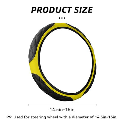 15 Inch Car Leather Steering Wheel Cover, Automotive Accessories Elastic Breathable Anti-Slip Soft Wheel Protector Fits Men and Women, Suitable for SUVs, Trucks, Vehicles and RVs (Yellow) - color: Yellow