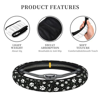 Paw Print Steering Wheel Cover - Black White Dog Paw Steering Wheel Protector Neoprene 15Inch Car Accessories 2 Pcs Car Coasters for Women Men - color: Black White Dog Paw
