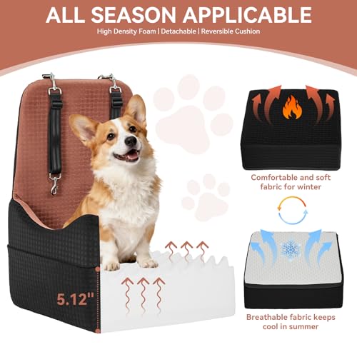 PETSFIT Dog Car Seat for Small/Medium Dogs Up to 35 lbs – Patented Safety System, 5" Memory Foam Pet Booster Car Seat, Fully Detachable and Washable Dog Carseat with 2 Storage Pockets (Black/Brown) - color: Black/Brown