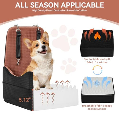 PETSFIT Dog Car Seat for Small/Medium Dogs Up to 35 lbs – Patented Safety System, 5" Memory Foam Pet Booster Car Seat, Fully Detachable and Washable Dog Carseat with 2 Storage Pockets (Black/Brown) - color: Black/Brown