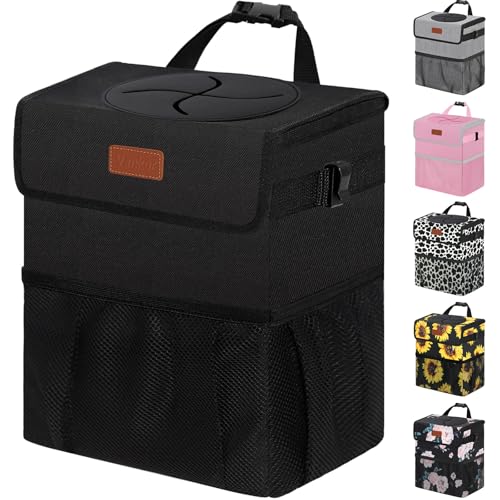 Vankor 3 Gallons Car Trash Can with Lid, Bag Bin Hanging Waterproof Automotive Car Garbage Cans Leak Proof Vehicle Trash Can Black - color: Black, size: 3 Gallons