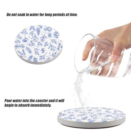2pcs Car Cup Coasters, 2.6in Absorbent Ceramic Car Coasters with Cork Backing Non-Slip Cup Holders Vehicle Interior Decor Accessories for Women Men (Retro Blue Flowers)
