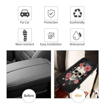 Universal Car Center Console Cushion Pad, Red Flower Skull Soft Waterproof Car Center Console Cover Auto Armrest Seat Box Cover Protector for Most Vehicle SUV Truck Car - color: Red Flower Skull
